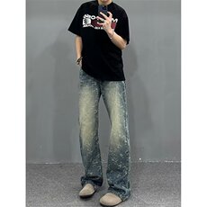 水洗做旧满印提花牛仔裤男款潮牌痞帅炸街裤子美式高街微喇直筒裤，男装牛仔裤，星座302B-2