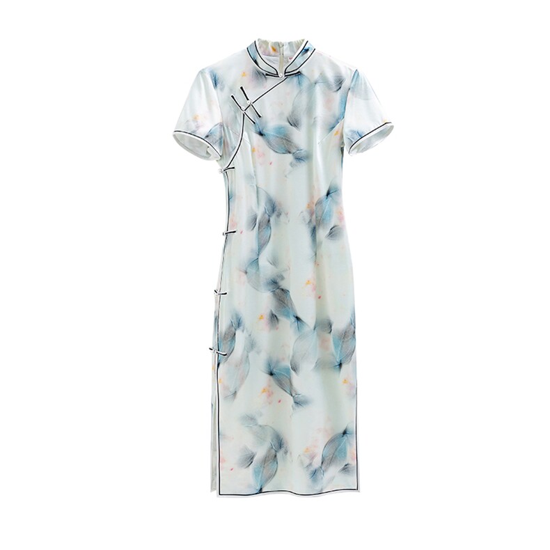 杭州丝绸缎面大牌重磅真丝旗袍桑蚕丝高端大气上档次女新中式改良,女装汉服/婚纱/旗袍/礼服,小荷流