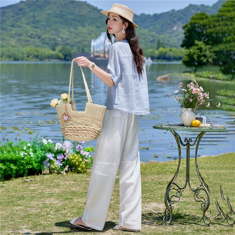 亚麻套装女2026夏季新款套装女蕾丝领带宽松上衣气质透气休闲裤,女装套装/套裙,梦懿尔