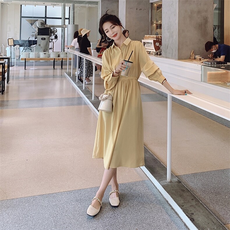 黄色法式高级感衬衫连衣裙女春秋2025新款秋装别致独特气质长裙冬,女装连衣裙,2C037