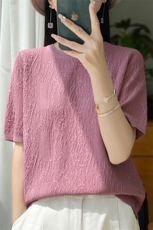 简约气质圆领冰丝针织短袖T恤女浮雕肌理感设计半袖纯色显瘦上衣，女装T恤，暖娇绒包芯纱店
