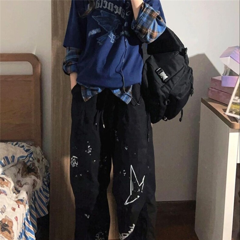 DB333-P48美式街头嘻哈涂鸦运动裤男女宽松阔腿潮裤-网图现货,男装休闲裤,星座603-2