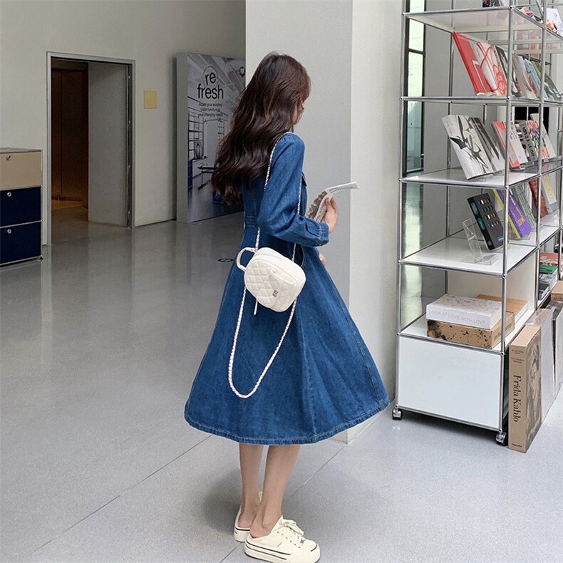 韩版复古牛仔连衣裙女2025年春秋季新款设计感收腰显瘦气质A字裙,女装牛仔裙,天使之佳话