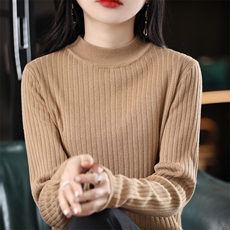 半高领2024春秋装新款韩版宽松慵懒风显瘦套头针织打底上衣，女装针织衫/毛衣，桦兴羊绒