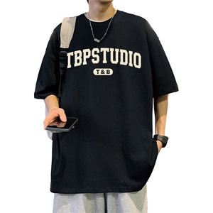 T655泡沫印花大码宽松纯棉运动圆领体恤衫oversize短袖T恤男重磅T图片