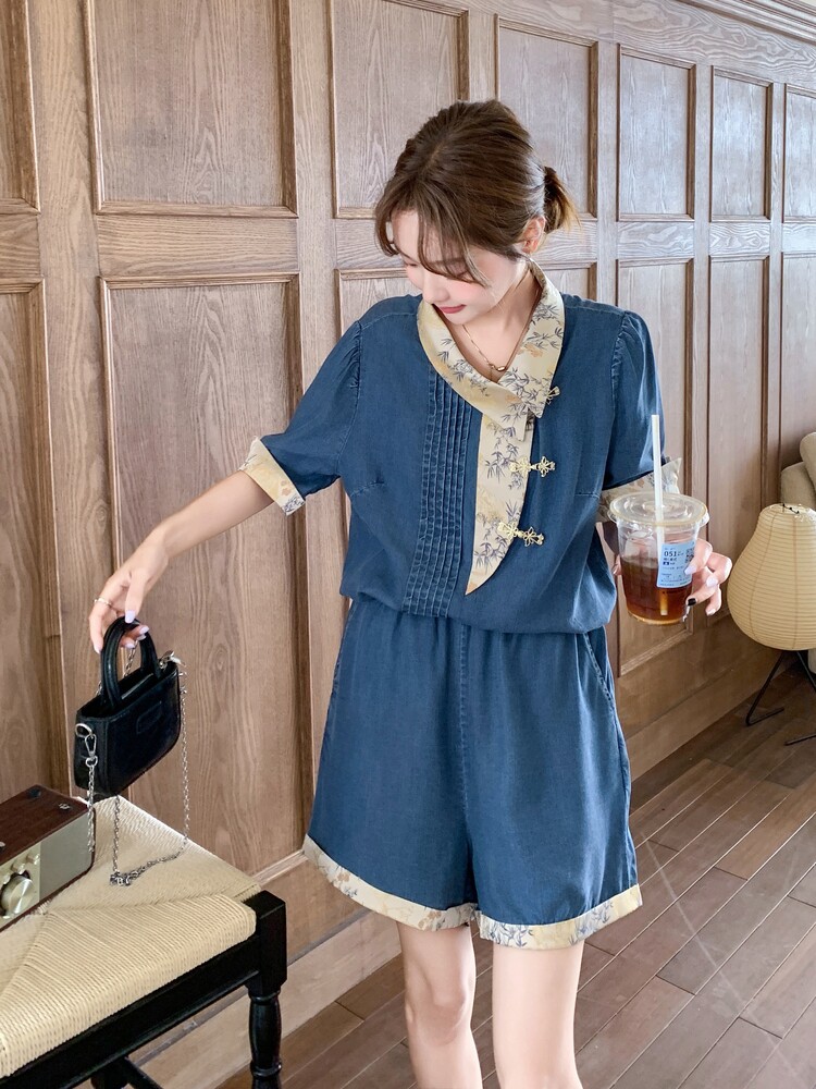 新中式国风牛仔盘扣上衣短裤两件套女2025年夏季新款减龄气质穿搭,女装套装/套裙,含赞