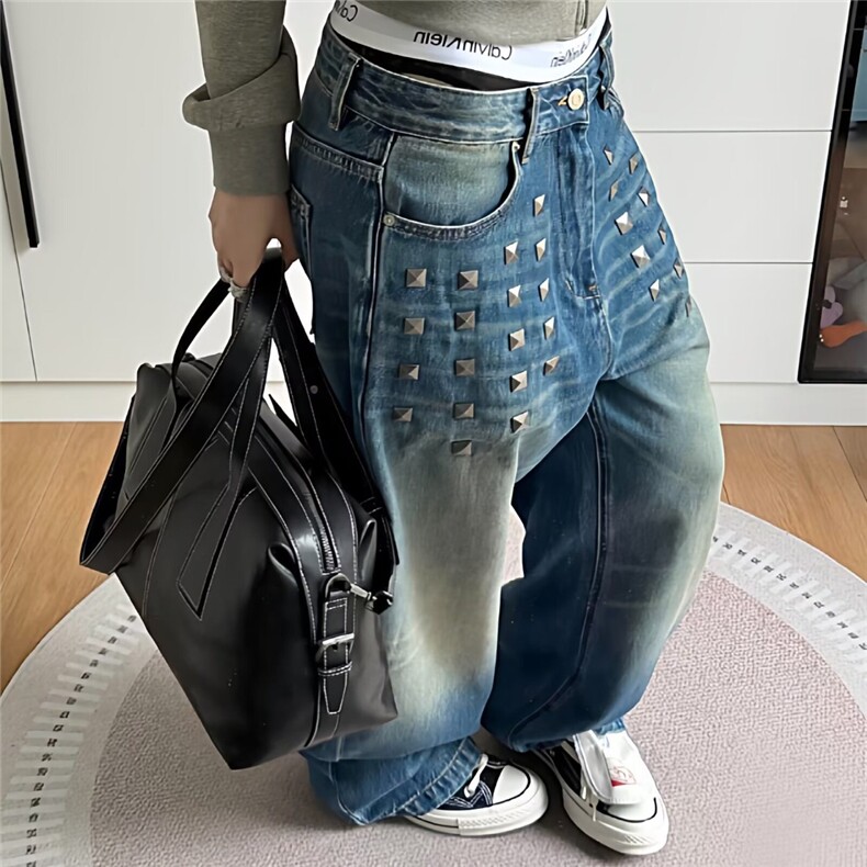 美式复古蓝闪电纹铆钉牛仔裤女2025新款宽松显瘦高街直筒阔腿裤子,男装牛仔裤,星座506A