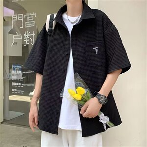 夏季短袖衬衣男ins潮牌港风日系条纹男士衬衫LC74P38图片