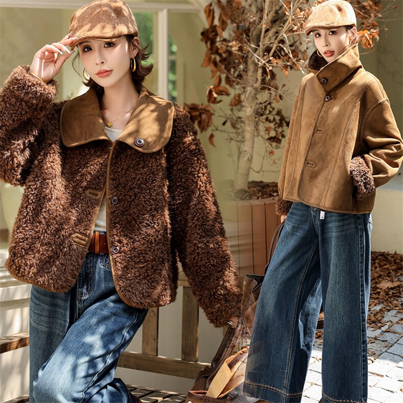 （现货）双面穿羊羔毛外套女冬季新款小众设计感百搭皮毛一体上衣，女装羊羔毛/颗粒绒，韩蔻秀