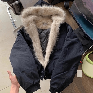 现货高品质美式高街冬季重磅硬挺短款座山雕毛领棉衣男女加厚外套图片