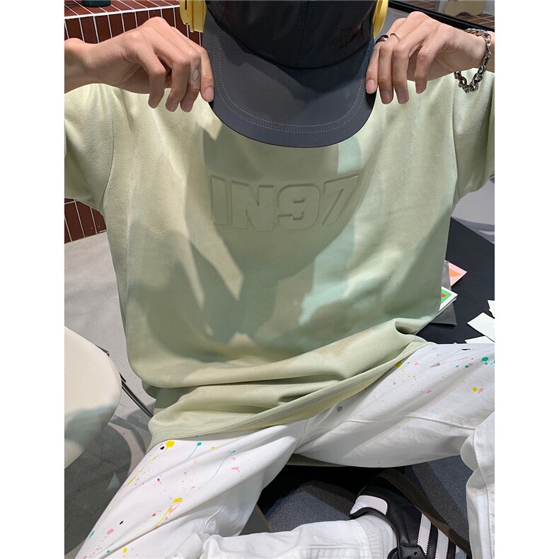 情侣装夏季新款美式复古字母钢印麂皮绒宽松圆领半袖T恤D296P38,男装T恤,电商A335-1（原A458）