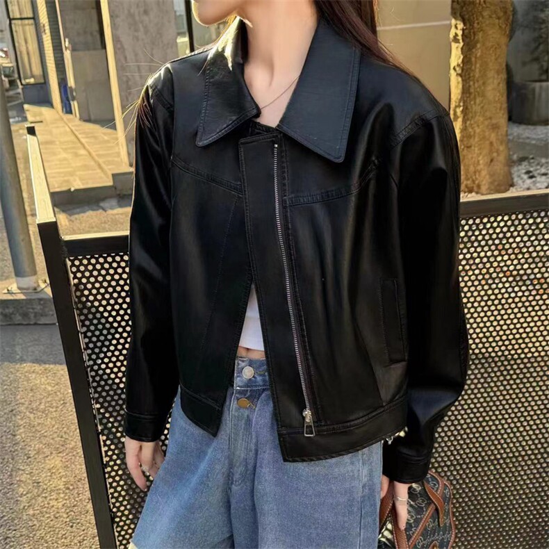 港式复古翻领时尚皮衣女短款2025春新款立领机车服韩系小个子上衣,女装皮衣,2C229