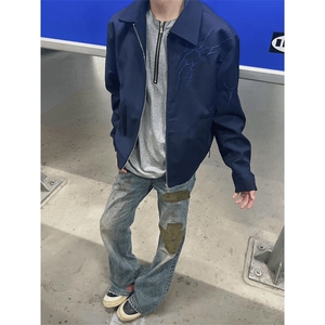 网图 自制闪电纹刺绣夹克翻领外套男高街棒球服长袖夹克 A768-P60图片