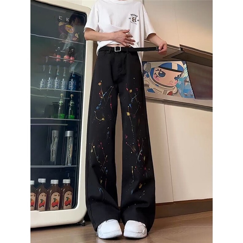 男漆点泼墨直筒牛仔裤潮牌宽松设计感牛仔裤NK35-P47，男装牛仔裤，星座208-5