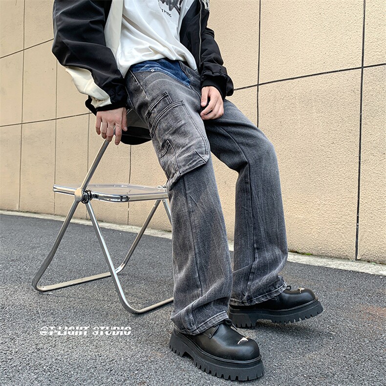 B221美式ins高街暗黑小众铆钉个性拼接牛仔裤LK23141-P65控88,男装牛仔裤,电商B221
