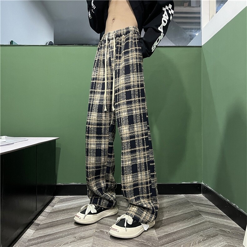 慵懒风休闲毛呢格子裤男女美式高街显高休闲裤运动裤K9075/P38，女装休闲裤，电商D202-1