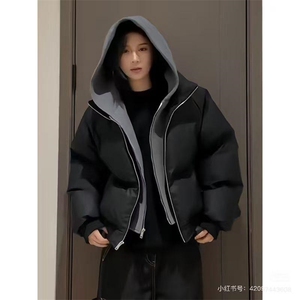 现货高品质重磅工艺美式高街假两件PU皮棉衣男女加厚棉服外套图片