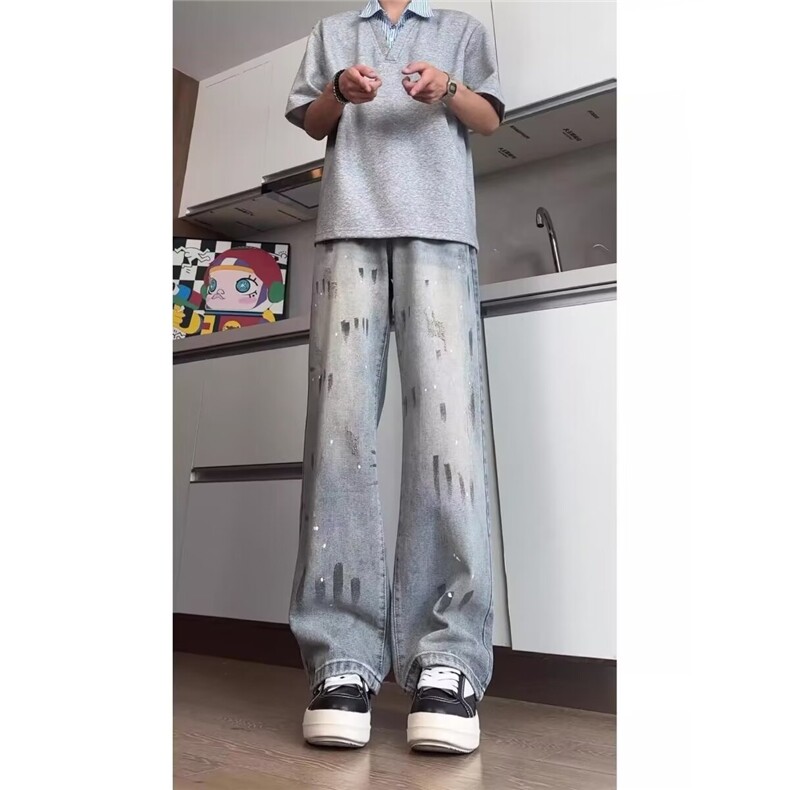 潮牌泼墨牛仔裤男女美式高街休闲长裤宽松直筒裤子K7071-P47网图,男装牛仔裤,电商B245