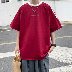 夏季美式高街重磅纯棉三条杠织带撞色男女短袖T恤ZD642-特P30图片