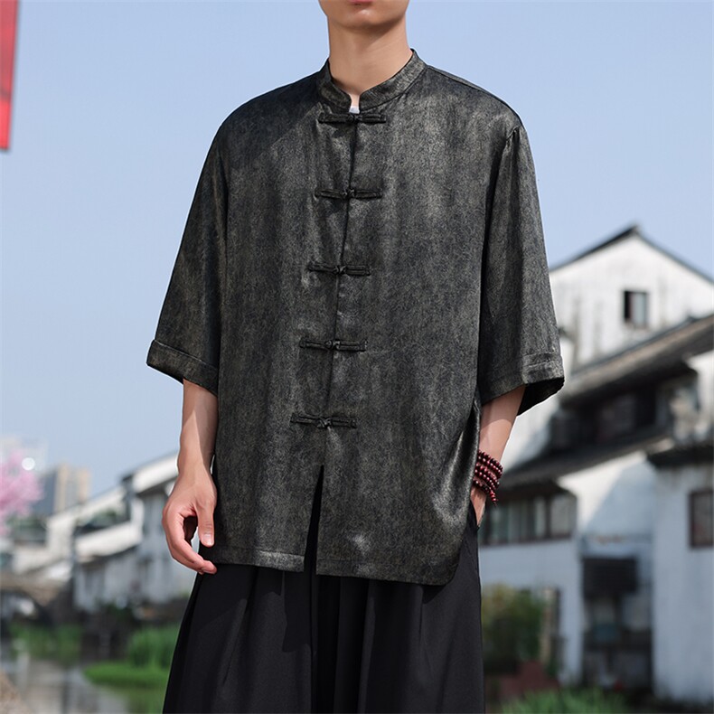 2025夏季新款风大码七分袖衬衫男士立领盘扣上衣CS2461-P60图片