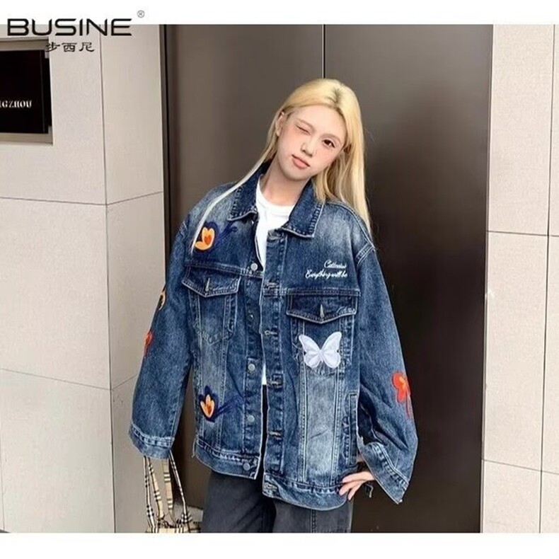重工蝴蝶刺绣水洗牛仔衣女春秋新款韩版高级休闲复古外套图片