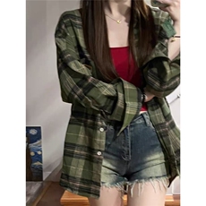 美式复古绿色长袖格子衬衫女休闲衬衣2025秋新款外套，男装衬衫，星座1210-1