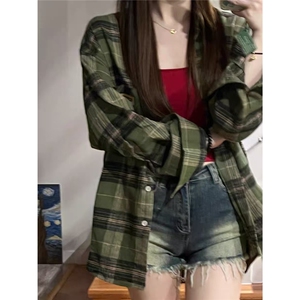 美式复古绿色长袖格子衬衫女休闲衬衣2025秋新款外套图片