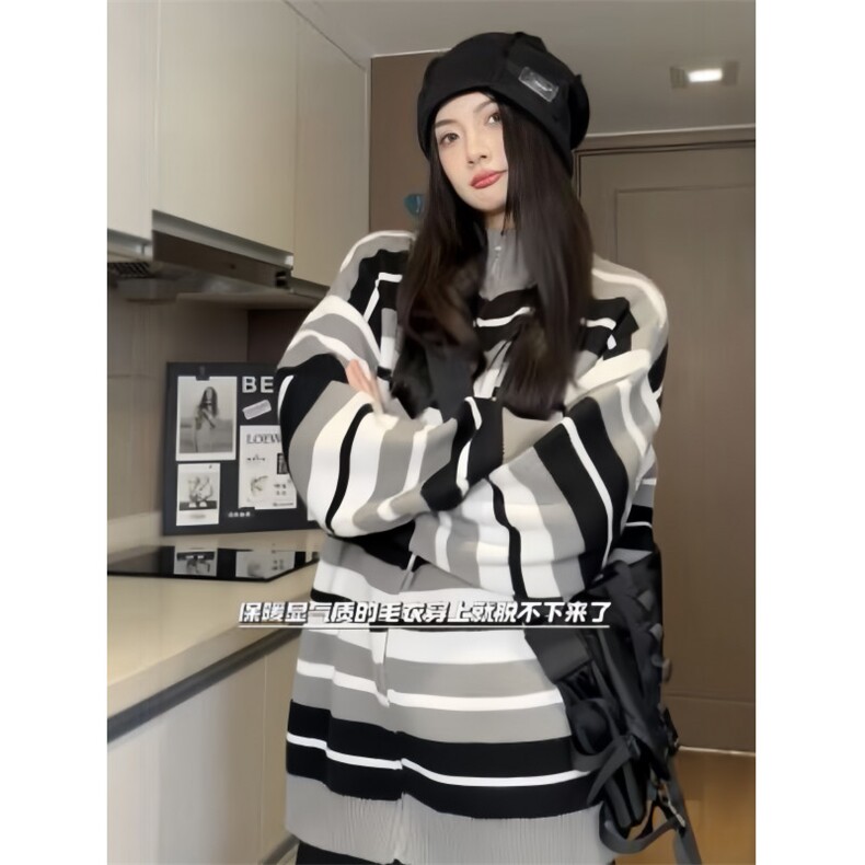 美式复古彩虹撞色针织衫青春情侣潮牌宽松外套毛衣XZ301AM01P78,男装针织衫/毛衣,星座301A
