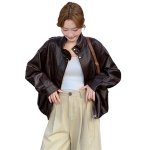 咖色格子拼接皮衣外套女秋季2025新款韩版宽松显瘦夹克上衣图片