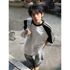 抖音得物品质二开240克宽松纯棉美式潮牌插肩三杠织带短袖T恤，男装T恤，电商A486-1
