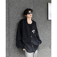 紫色百搭V领针织开衫男女秋冬新款胸针宽松慵懒风毛衣外套MY9802，男装针织衫/毛衣，星座506