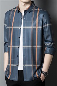 2022长袖衬衫男春秋季新款翻领条纹衬衣商务休闲中年时尚百搭男装图片