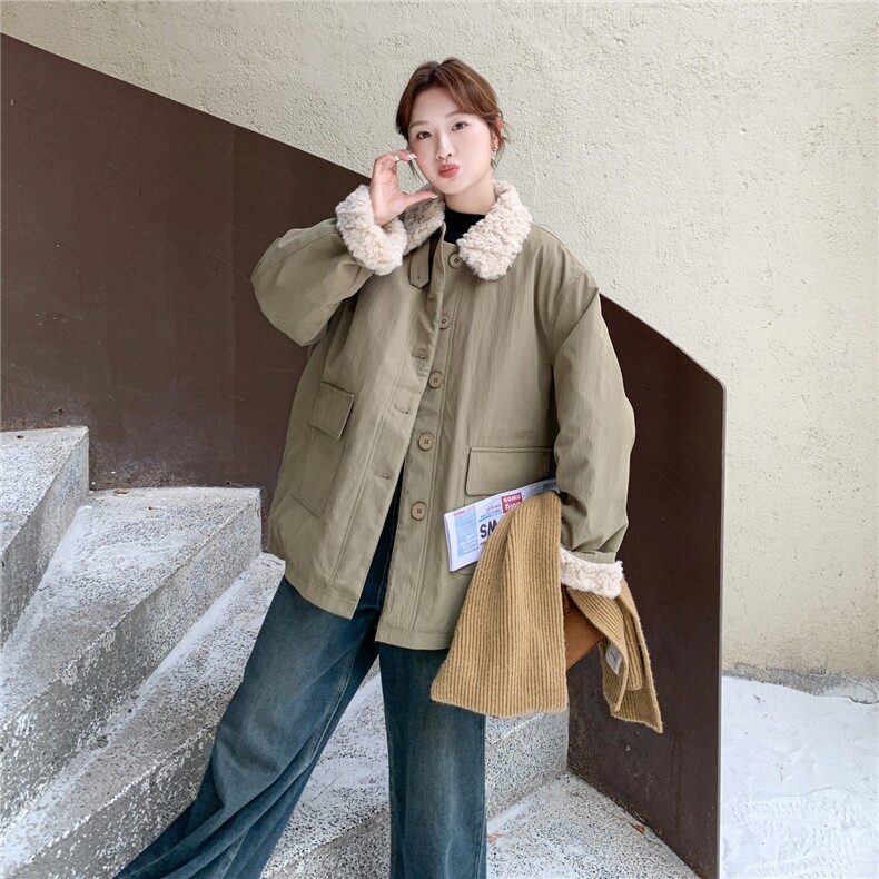 羊羔毛翻领工装羽绒服女2025年冬季新款中长款加厚90白鸭绒派克服,女装羽绒服,2B187