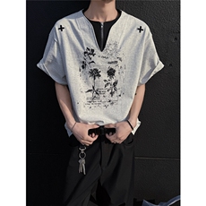 设计款假两件半拉链复古印花夏季短袖T恤男士宽松潮牌上衣P38，男装T恤，电商C306-1
