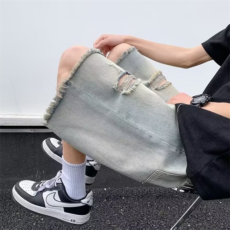 毛边破洞牛仔短裤男夏季美式复古做旧宽松中裤潮五分裤32322-P45,男装牛仔裤,星座1008