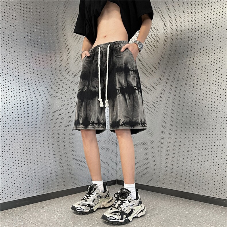 牛仔短裤男扎染拼色高街帅气2023夏季新款ins宽松五分裤RK522-P41,男装牛仔裤,星座412-3