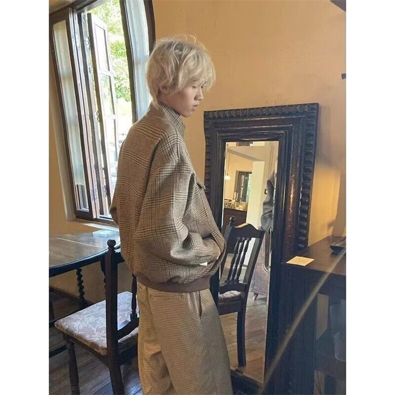 XX20-P70秋冬美式复古千鸟格双层外套时尚痞帅高级感休闲潮牌，女装短外套，电商B323A