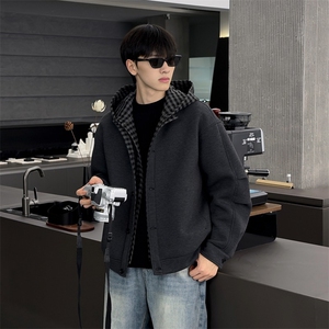 简约时尚百搭开衫连帽卫衣秋季新款男女潮流拼接格纹设计休闲外套图片
