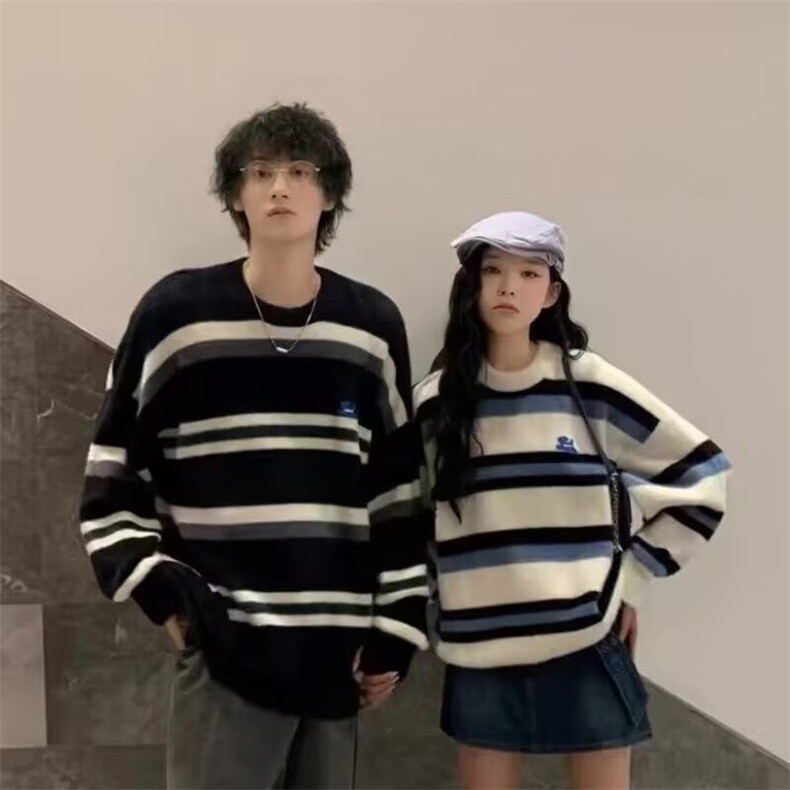 男女装可爱小狗撞色条纹仿马海毛毛衣秋季新款保暖毛线衣潮流原宿,男装针织衫/毛衣,星座506A