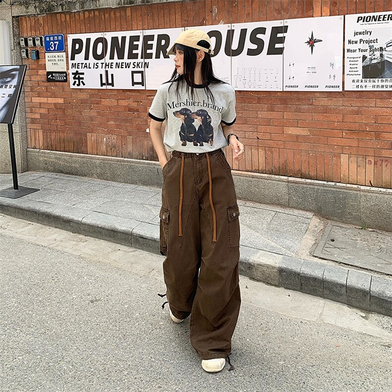 美式复古水洗做旧多口袋工装裤女阔腿宽松直筒百搭长款,女装休闲裤,星座1210-1