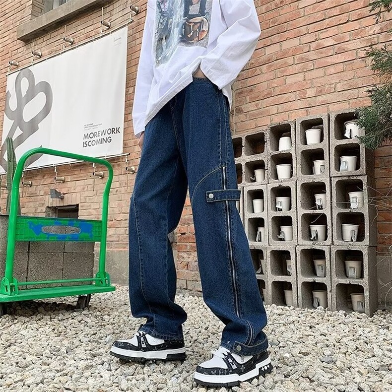 春季新款设计感拉链开叉拼接牛仔裤男高街阔腿直筒牛仔裤图片