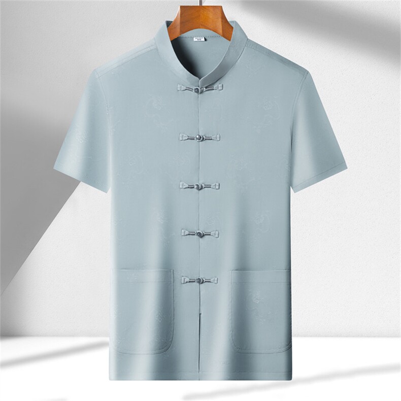 主推大货中年仿真丝绸唐装短袖衬衫男士中老年风复古珠扣T恤，男装T恤，钱塘723