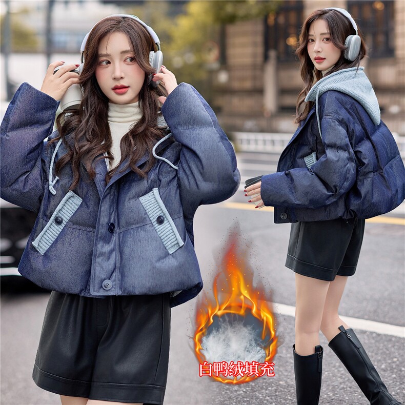 【bao款大货主推】2025冬装新款撞色拼接毛线连帽羽绒服90%白鸭绒,女装羽绒服,雅静靓衣