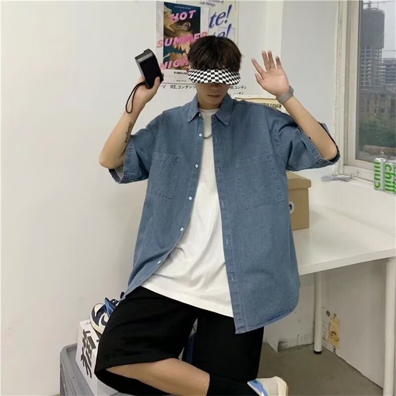 牛仔短袖衬衫男夏季韩版潮流青少年复古宽松开衫半袖外套CS6687,男装T恤,星座208-5