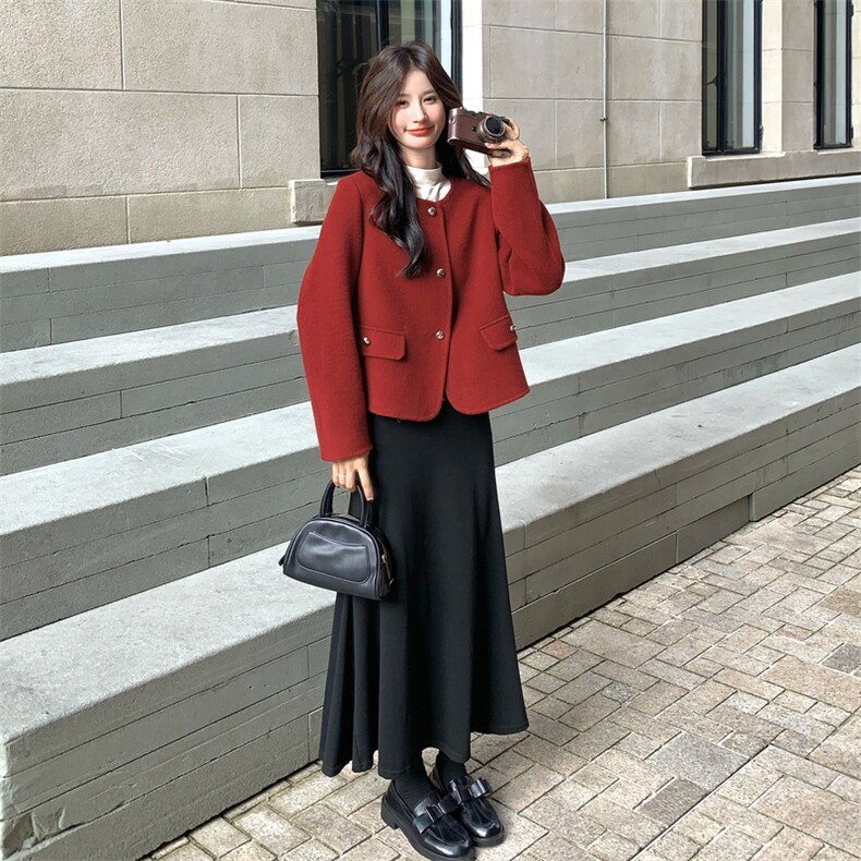 高端气质双面羊毛外套女冬季红色复古显瘦气质圆领短款毛呢上衣潮,女装毛呢外套,2C273