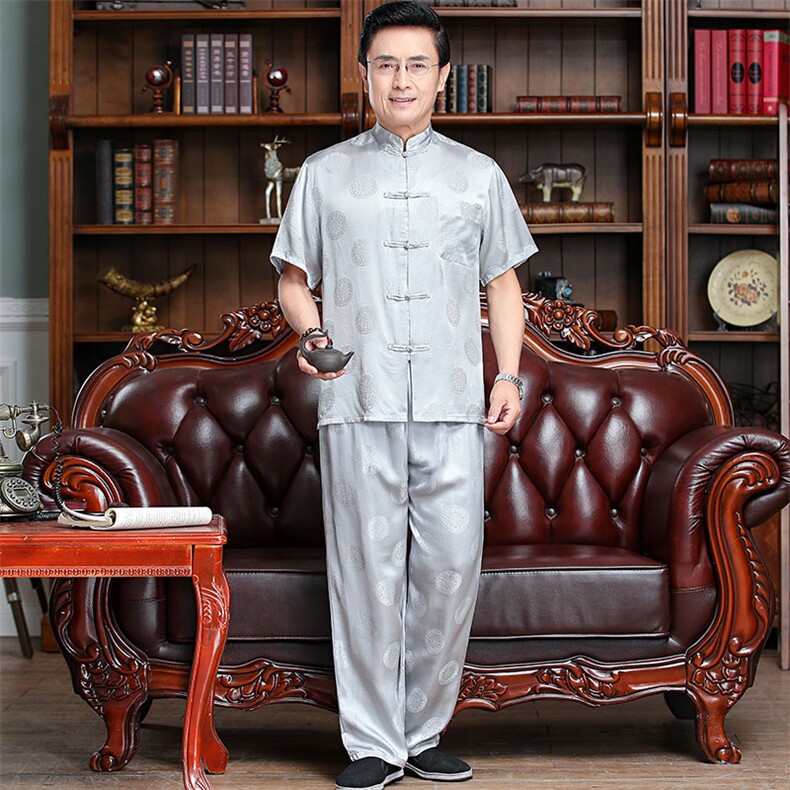 男士中老年短袖长裤两件套夏季宽松大码套装生日服,男装休闲套装,钱塘6003B