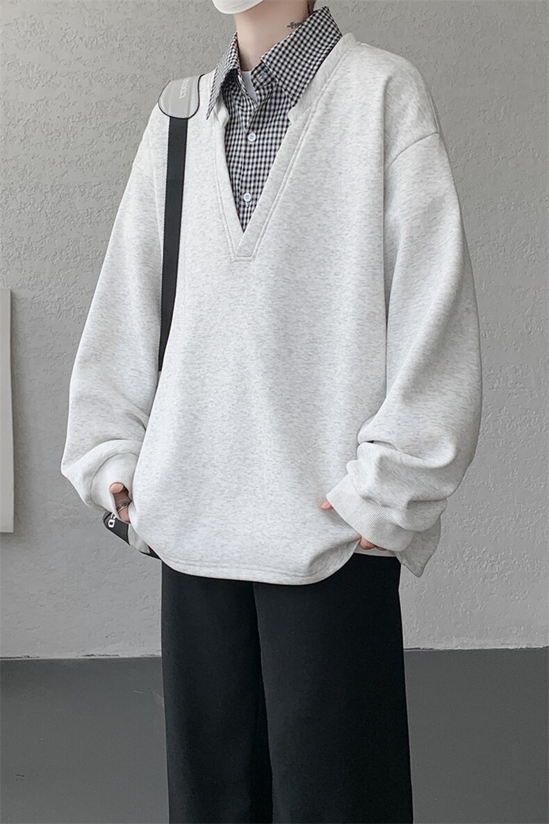 M-8XL假两件格子拼接衬衫领卫衣特大码重磅长袖V领上衣WY5112/P55,男装衬衫,电商B238