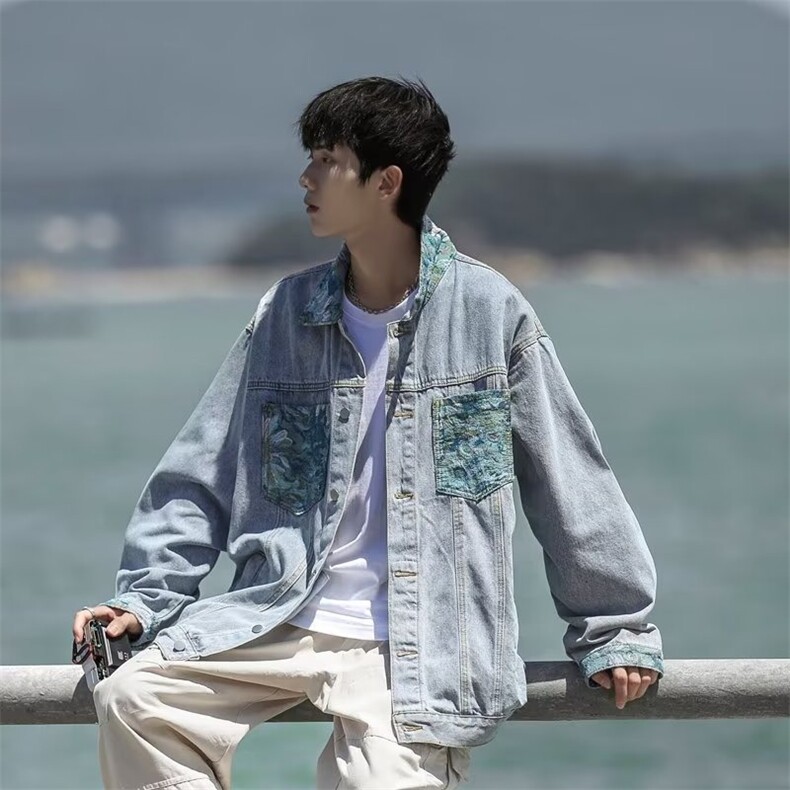 春秋拼接印花牛仔外套男复古宽松休闲潮流青少年夹克上衣3260P58,男装工装外套,星座410-2