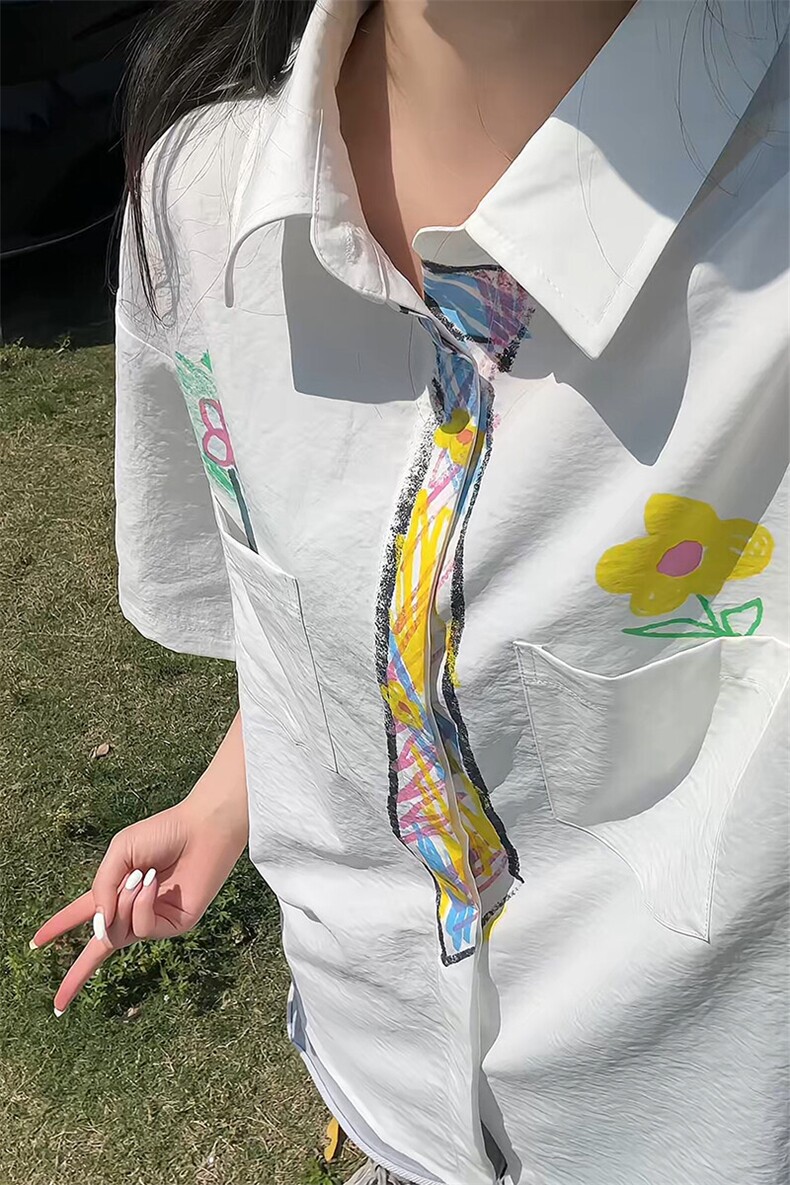特批P28无差价夏季趣味蜡笔创意涂鸦领带宽松百搭短袖衬衫CD5510,男装衬衫,电商A001-1