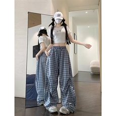 网图夏季新款褶皱弯刀伞兵格子工装裤男运动裤子-A2134TP48控78，男装休闲裤，电商B241